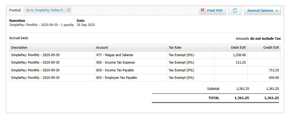Xero manual journal showing SimplePay monthly payroll entries with wages, tax expense, and payables